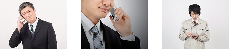 電話を掛けながら顔をしかめる男性イメージ - 電話を掛ける男性（口元）イメージ - スマートフォンをさわる男性イメージ